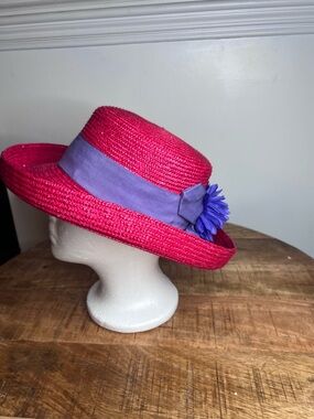 betmar Pink Straw Hat with Lavender Band and Flower